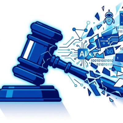Courthouse gavel shattering into AI circuit fragments representing the Ninth Circuit CFAA ruling on AI agent liability