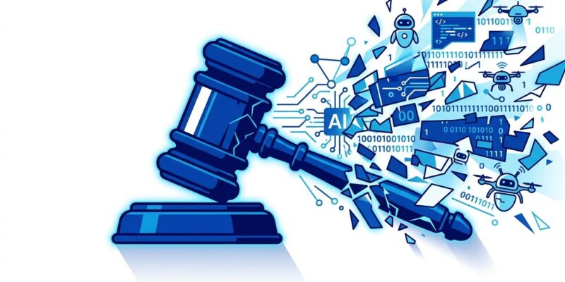 Courthouse gavel shattering into AI circuit fragments representing the Ninth Circuit CFAA ruling on AI agent liability