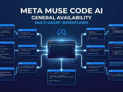 Meta Muse Code GA release showing parallel agent workflows in a terminal interface with blue and white ByteIota brand colors