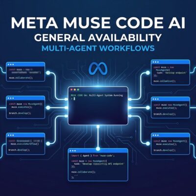 Meta Muse Code GA release showing parallel agent workflows in a terminal interface with blue and white ByteIota brand colors