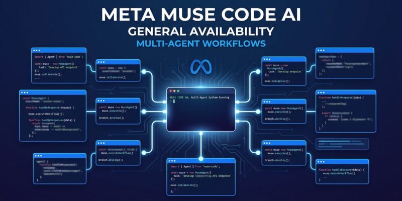 Meta Muse Code GA release showing parallel agent workflows in a terminal interface with blue and white ByteIota brand colors