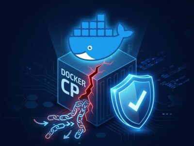 Docker container with a cracked security seam representing CVE-2026-17106 CopyEscape vulnerability with a blue patch shield