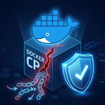 Docker container with a cracked security seam representing CVE-2026-17106 CopyEscape vulnerability with a blue patch shield