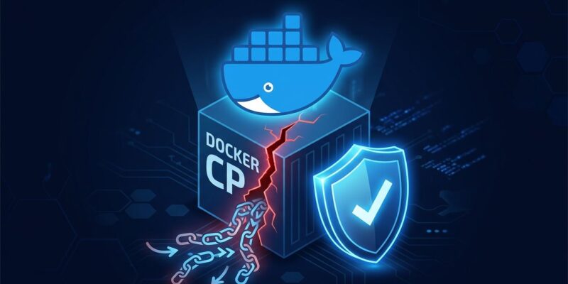 Docker container with a cracked security seam representing CVE-2026-17106 CopyEscape vulnerability with a blue patch shield