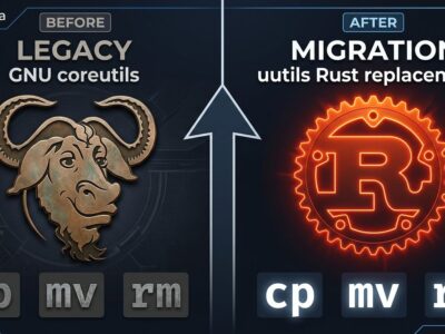 Split-screen comparison of GNU coreutils and Rust uutils showing cp mv rm transition in Ubuntu 26.10