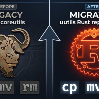 Split-screen comparison of GNU coreutils and Rust uutils showing cp mv rm transition in Ubuntu 26.10