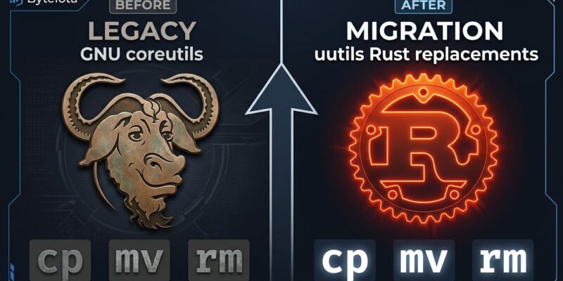 Split-screen comparison of GNU coreutils and Rust uutils showing cp mv rm transition in Ubuntu 26.10