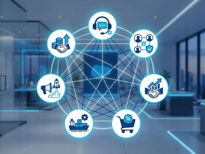 Seven named Salesforce Agentforce AI agents arranged in a circular formation with blue and white enterprise workspace design