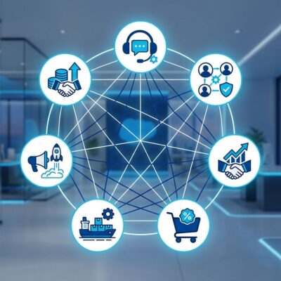Seven named Salesforce Agentforce AI agents arranged in a circular formation with blue and white enterprise workspace design