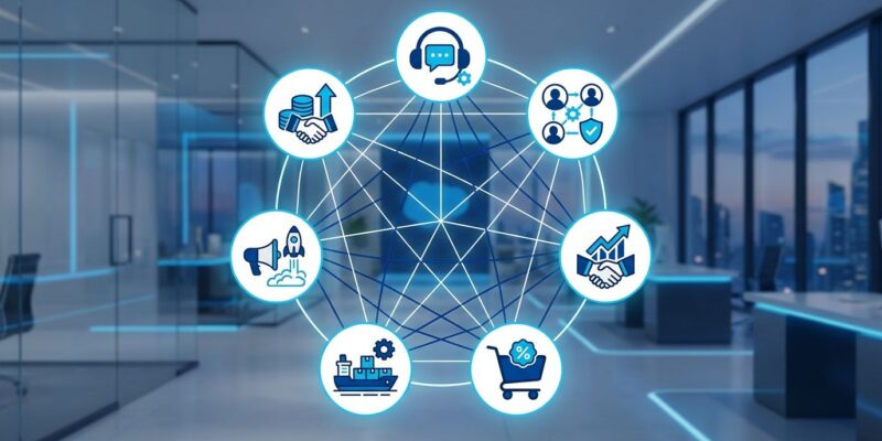 Seven named Salesforce Agentforce AI agents arranged in a circular formation with blue and white enterprise workspace design