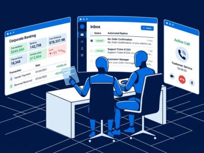AI agent robot at executive desk with holographic banking, email, and phone panels representing autonomous business management