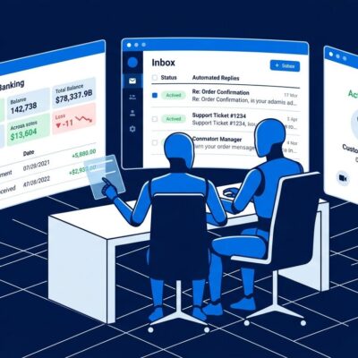 AI agent robot at executive desk with holographic banking, email, and phone panels representing autonomous business management