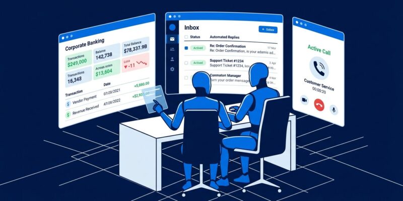 AI agent robot at executive desk with holographic banking, email, and phone panels representing autonomous business management