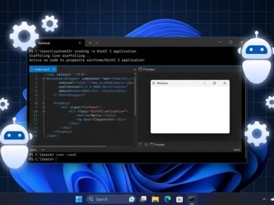 Microsoft WinUI agent plugin and winapp CLI terminal showing native Windows app scaffolding
