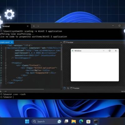 Microsoft WinUI agent plugin and winapp CLI terminal showing native Windows app scaffolding