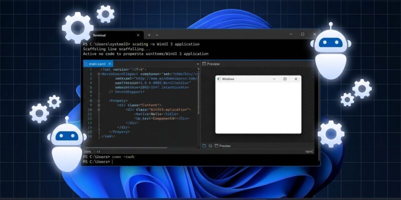 Microsoft WinUI agent plugin and winapp CLI terminal showing native Windows app scaffolding