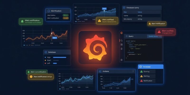 Grafana 13.2 dashboard showing alert rules, database observability, and AI assistant features