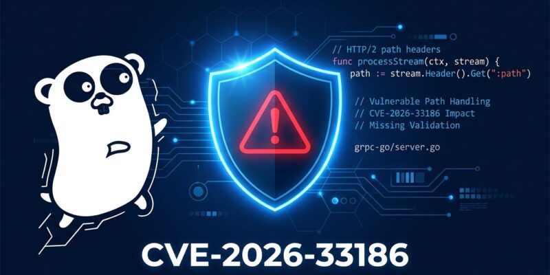 Security shield with warning symbol representing CVE-2026-33186 gRPC-Go critical authorization bypass vulnerability