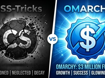 Split-screen illustration showing CSS-Tricks site fading on the left versus the Omarchy project receiving 3 million dollar funding on the right