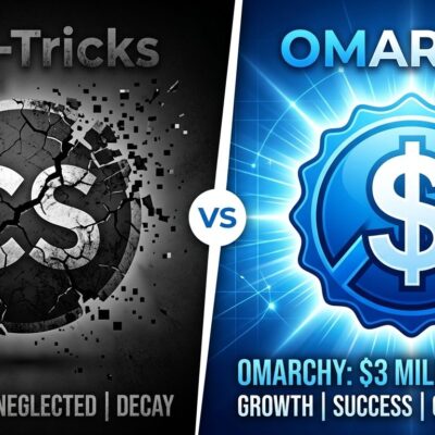 Split-screen illustration showing CSS-Tricks site fading on the left versus the Omarchy project receiving 3 million dollar funding on the right