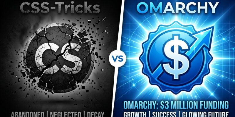 Split-screen illustration showing CSS-Tricks site fading on the left versus the Omarchy project receiving 3 million dollar funding on the right
