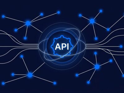 Abstract visualization of AI agents communicating in a network with blue nodes and white data streams on dark navy background