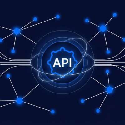 Abstract visualization of AI agents communicating in a network with blue nodes and white data streams on dark navy background