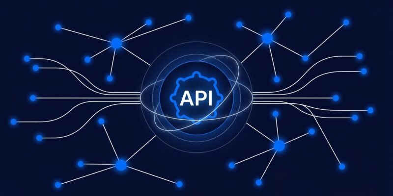 Abstract visualization of AI agents communicating in a network with blue nodes and white data streams on dark navy background