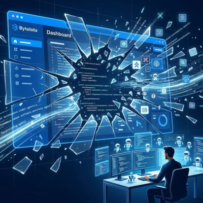 A SaaS dashboard shattering as AI coding agents emerge, representing the enterprise shift from buying to building software with agentic coding tools