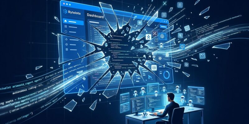 A SaaS dashboard shattering as AI coding agents emerge, representing the enterprise shift from buying to building software with agentic coding tools