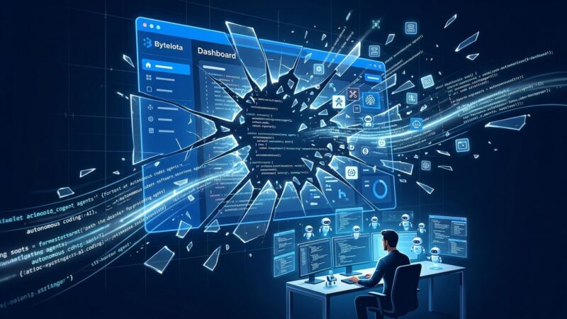 A SaaS dashboard shattering as AI coding agents emerge, representing the enterprise shift from buying to building software with agentic coding tools