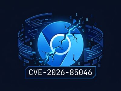 Chrome browser icon with fracture lines representing V8 zero-day vulnerability CVE-2026-85046 with blue cybersecurity aesthetic