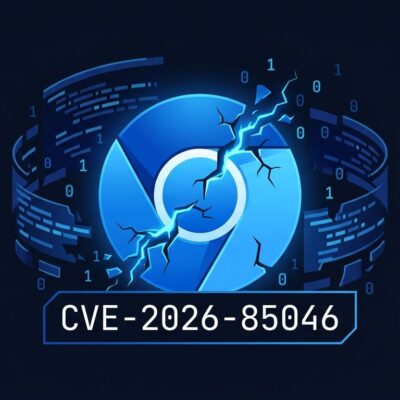 Chrome browser icon with fracture lines representing V8 zero-day vulnerability CVE-2026-85046 with blue cybersecurity aesthetic