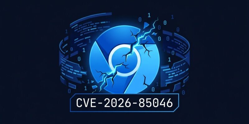 Chrome browser icon with fracture lines representing V8 zero-day vulnerability CVE-2026-85046 with blue cybersecurity aesthetic