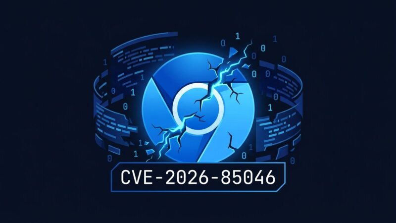 Chrome browser icon with fracture lines representing V8 zero-day vulnerability CVE-2026-85046 with blue cybersecurity aesthetic