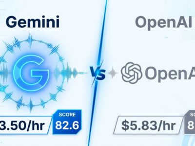Split-screen comparison of Gemini 3.8 Live and GPT-Live-1 voice AI models showing pricing and benchmark scores