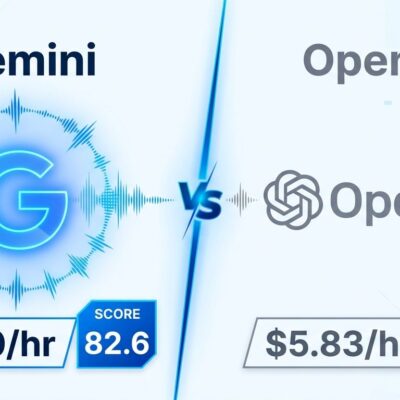 Split-screen comparison of Gemini 3.8 Live and GPT-Live-1 voice AI models showing pricing and benchmark scores
