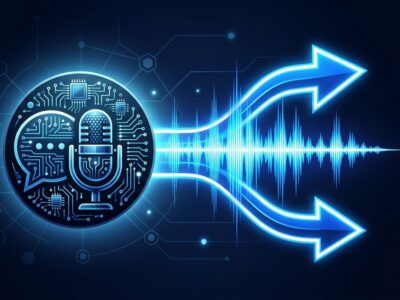 Audio waveform representing GPT-Live-1 full-duplex voice API with bidirectional communication arrows on dark blue background