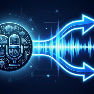 Audio waveform representing GPT-Live-1 full-duplex voice API with bidirectional communication arrows on dark blue background