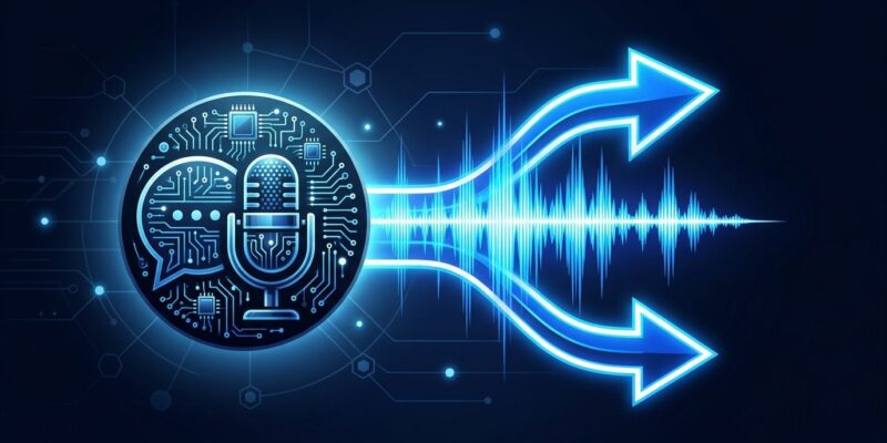 Audio waveform representing GPT-Live-1 full-duplex voice API with bidirectional communication arrows on dark blue background