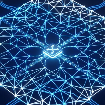 Visualization of Cornelis Networks Active Compute Fabric with glowing blue interconnected nodes and GPU chips representing programmable AI cluster networking