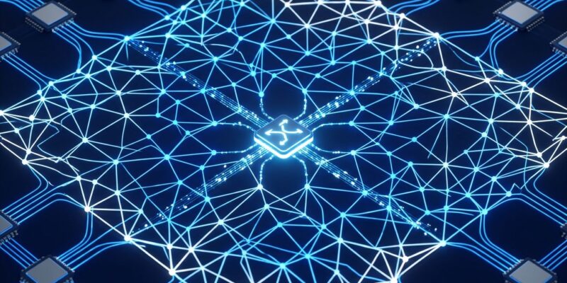 Visualization of Cornelis Networks Active Compute Fabric with glowing blue interconnected nodes and GPU chips representing programmable AI cluster networking