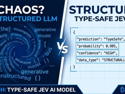Split-screen comparison of traditional LLM text generation versus TypeSafe Jev structured decision output