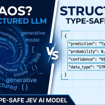 Split-screen comparison of traditional LLM text generation versus TypeSafe Jev structured decision output