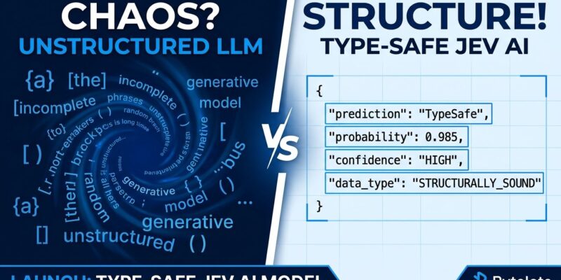 Split-screen comparison of traditional LLM text generation versus TypeSafe Jev structured decision output