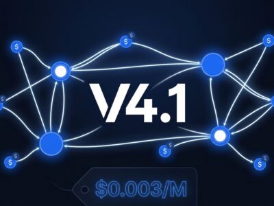 DeepSeek V4.1-Flash AI agent network graph showing cost-efficient MoE model architecture with blue node connections on dark background