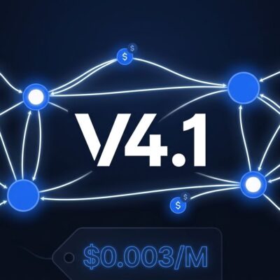 DeepSeek V4.1-Flash AI agent network graph showing cost-efficient MoE model architecture with blue node connections on dark background