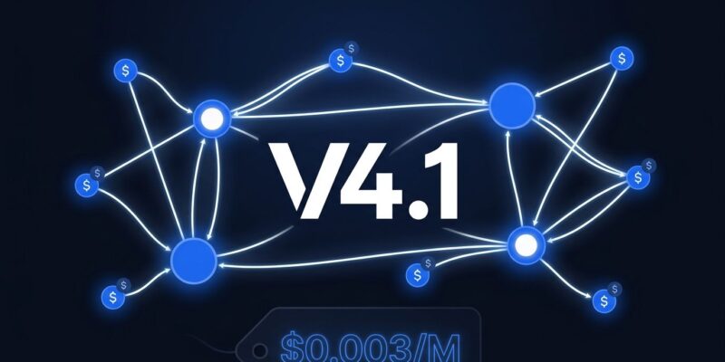 DeepSeek V4.1-Flash AI agent network graph showing cost-efficient MoE model architecture with blue node connections on dark background