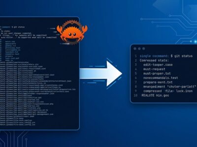 Terminal showing verbose CLI output being compressed by RTK Rust proxy into a clean summary, reducing LLM token usage for AI coding agents