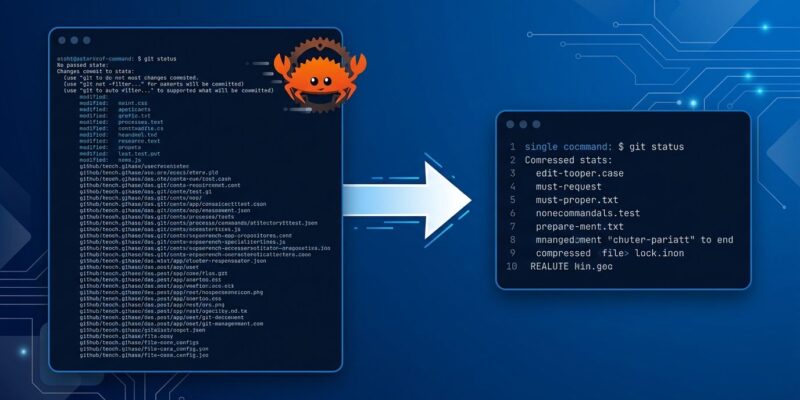 Terminal showing verbose CLI output being compressed by RTK Rust proxy into a clean summary, reducing LLM token usage for AI coding agents